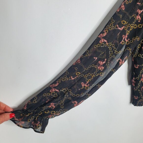 Tamara H. Womens Black Gold Status Chain Pink Bow Blouse Size XL Tie Neck Whimsy - Picture 3 of 12